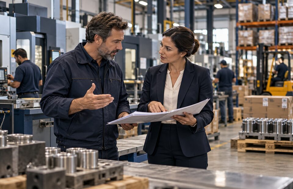 Banker and factory owner discussing business financing beside inventory