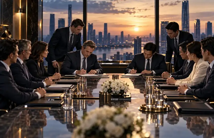 Executives signing a transaction with strategic banking support