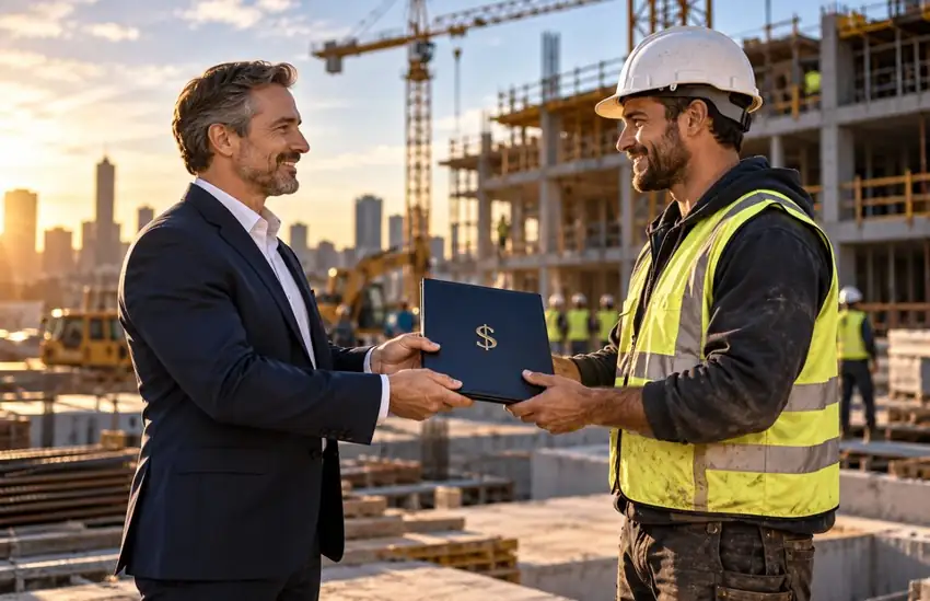 Banker and entrepreneur reviewing financing for a construction project