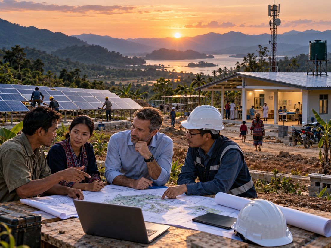 Financing partners and project leaders reviewing an active renewable energy and community project