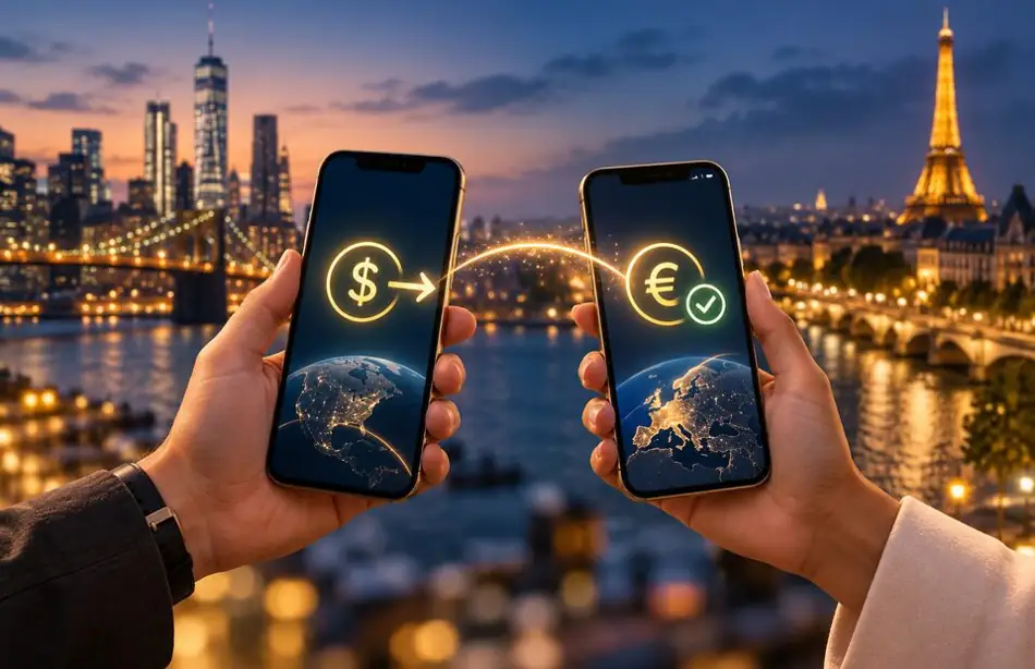 Cross-border dollar transfer represented between two mobile phones