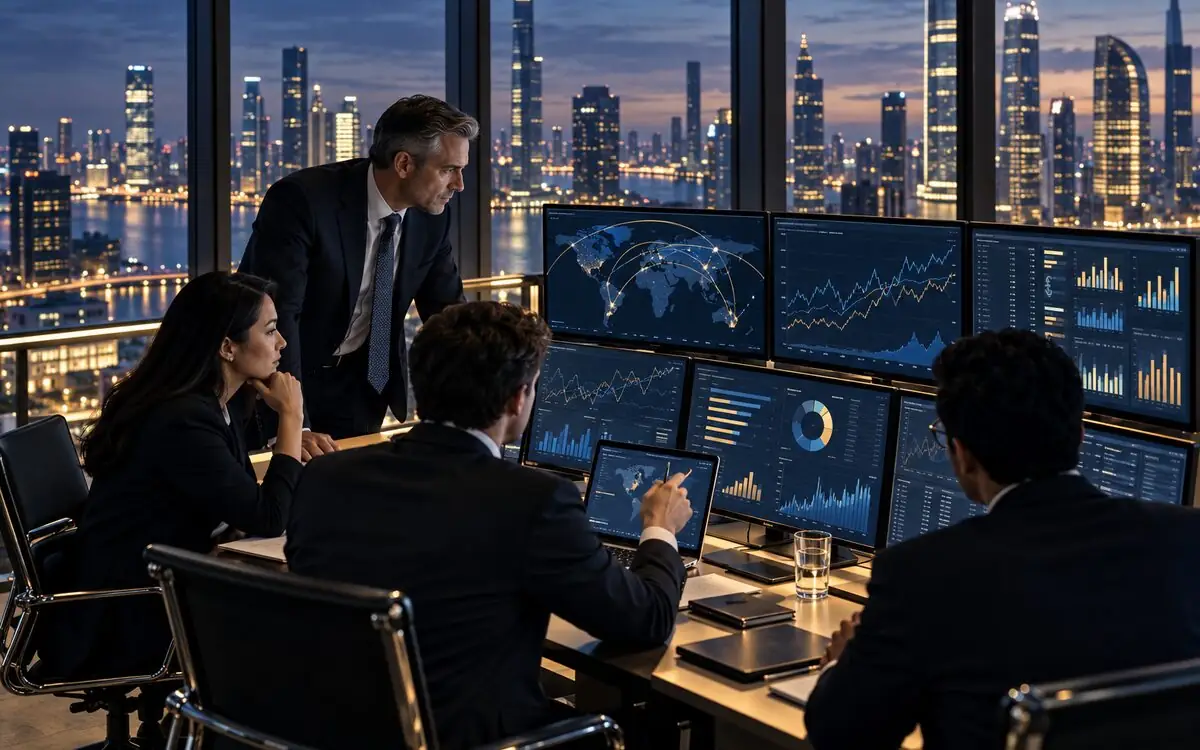 Corporate treasury team monitoring currency exposure and market charts